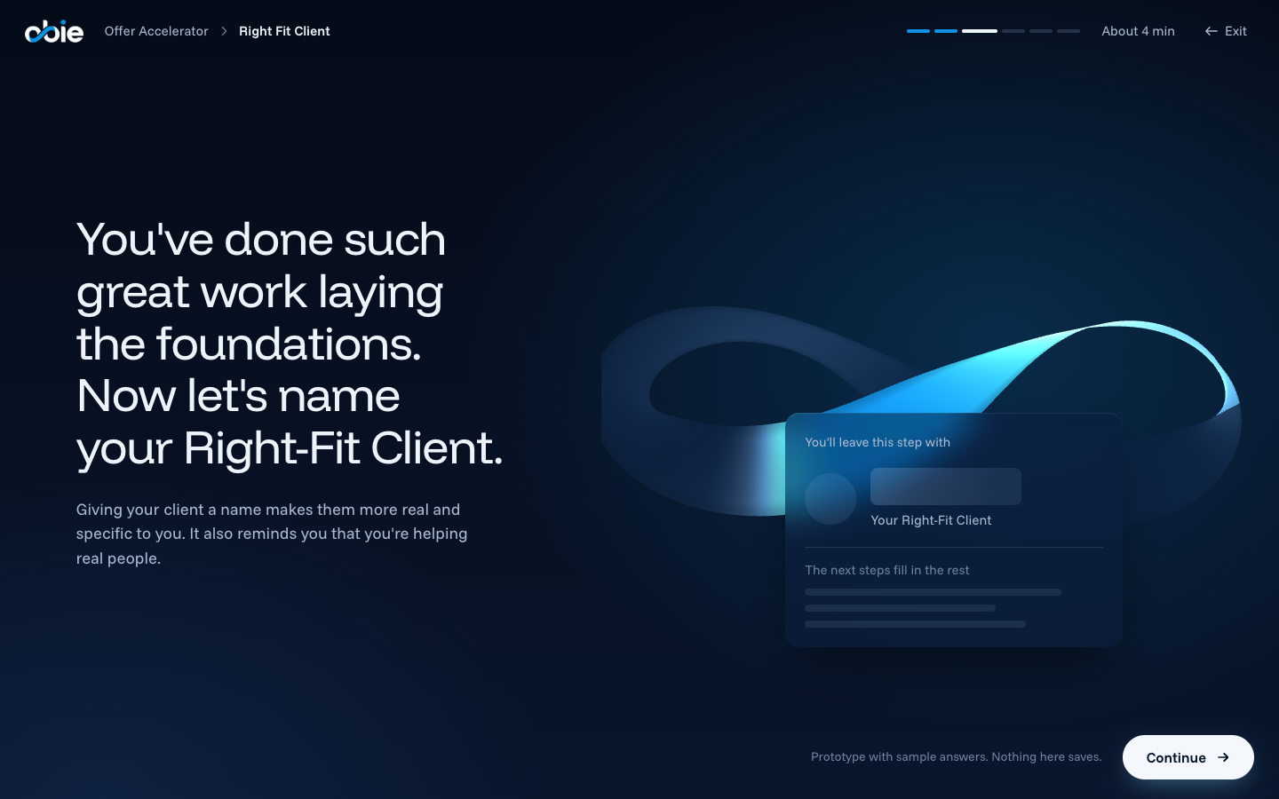 Option H prototype, with the step's opening text beside a lit 3D OBIE infinity ribbon and a Right Fit Client name card